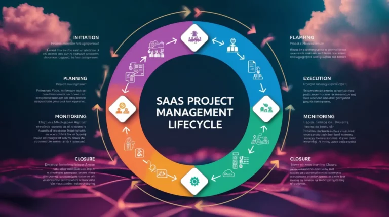 Infographic of the SaaS Project Management Lifecycle represented as a circular flowchart with six stages: Initiation, Planning, Execution, Monitoring, Closure. Arrows connect each stage, featuring icons and brief text descriptions. The background showcases a digital theme reflecting SaaS project management.