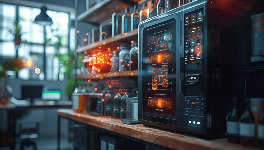 A futuristic coffee machine with a digital interface glows in a modern cafe, seamlessly integrating Web3 features. The screen shows various options and settings, illuminated by orange lights. Bottles and containers are arranged on shelves in the background, and a window lets in natural light.