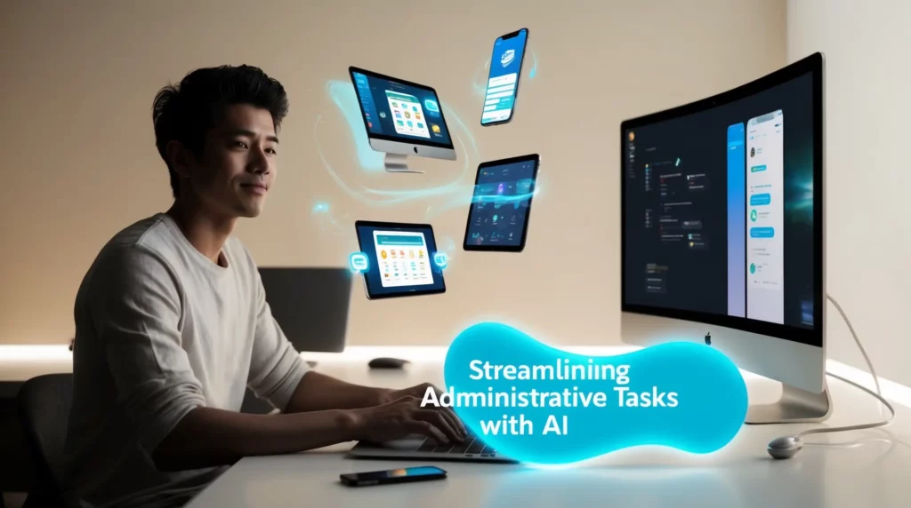 A person sits at a desk using a laptop, surrounded by floating graphical interfaces representing various administrative tasks. The text "Streamlining Administrative Tasks with AI in Freelance" is prominently displayed. The background features a large monitor and a smartphone on the desk.