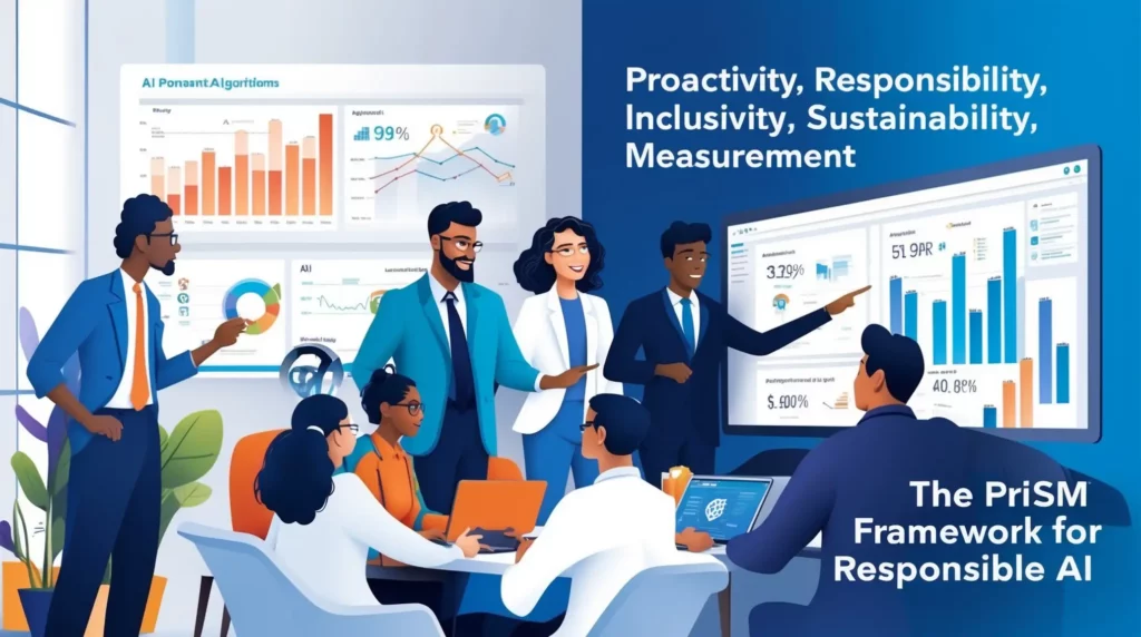 An illustration of a diverse group of professionals in a conference room discussing data on multiple screens. Charts and graphs displaying analytics surround them. Text reads "Proactivity, Responsibility, Inclusivity, Sustainability, Measurement" and "The PriSM Framework for Responsible AI.