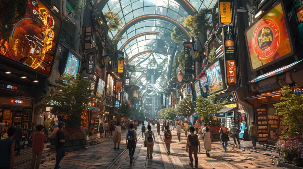 A futuristic, bustling urban street scene with a glass roof. The street is lined with electronic billboards, neon lights, and greenery. People are walking, shopping, and engaging in various activities amidst the vibrant, high-tech environment driven by Web3 and Blockchain Technology.