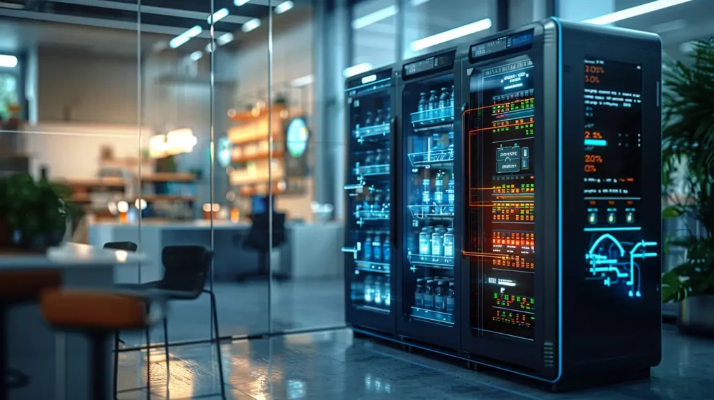 A modern server room with three server racks displaying orange and blue LED lights. The room, supporting Web3 and blockchain technology, has a sleek, futuristic design with glass walls and an open space revealing office furniture and a well-lit background.