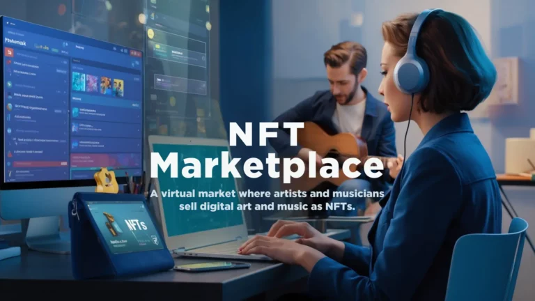 A woman wearing headphones sits at a desk engrossed in her laptop while a man in the background plays a guitar. Digital screens around her display various applications, and the text "NFT Marketplace: A virtual market where artists and musicians sell digital art and music as NFTs using Blockchain Technology" is prominent.