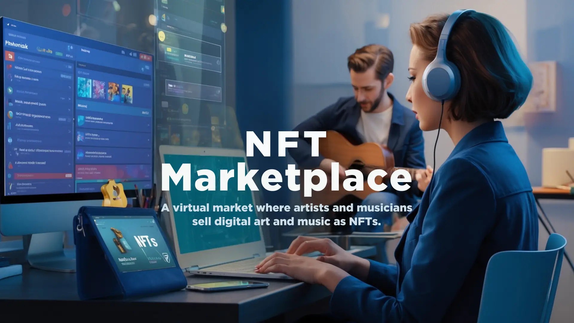 A woman wearing headphones sits at a desk engrossed in her laptop while a man in the background plays a guitar. Digital screens around her display various applications, and the text "NFT Marketplace: A virtual market where artists and musicians sell digital art and music as NFTs using Blockchain Technology" is prominent.