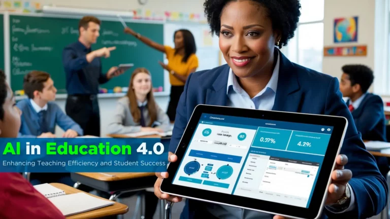 A teacher smiles while holding a tablet displaying educational analytics. In the background, students work and interact in a lively classroom. Text on the image reads: "AI in Education 4.0: Enhancing Teaching Efficiency and Student Success with AI in Education.