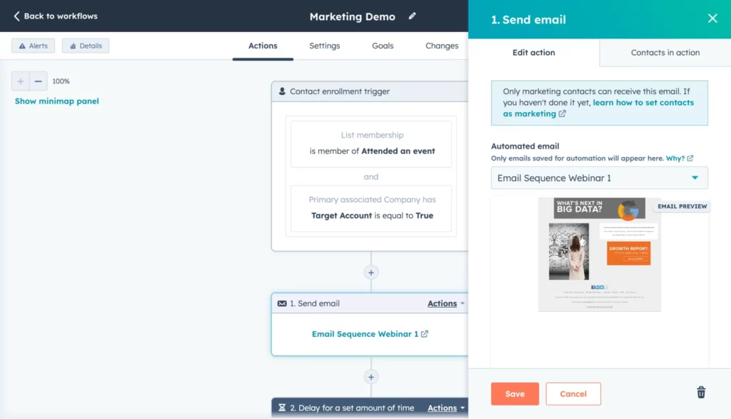 Screenshot of a marketing automation workflow in HubSpot named "Marketing Demo." The active step shown is "1. Send email." An automated email labeled "Email Sequence Webinar 1" is triggered based on specified criteria. Options to edit and save are visible.