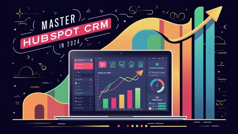 Illustration of a laptop displaying various graphs and charts on its screen, indicating data analytics. Above the laptop, text reads "Master HubSpot CRM in 2024." The background is colorful and abstract, with vibrant lines and shapes, perfectly capturing the dynamic essence of mastering HubSpot CRM.