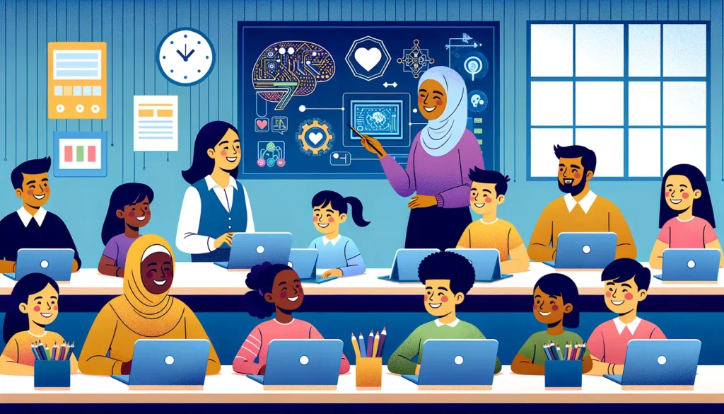 Illustration of a diverse classroom with smiling students and teachers. Children are seated at desks with laptops, engaging in a lesson. A teacher, pointing at a digital screen displaying AI in Education and brain science graphics, stands at the front. The classroom is bright and welcoming.