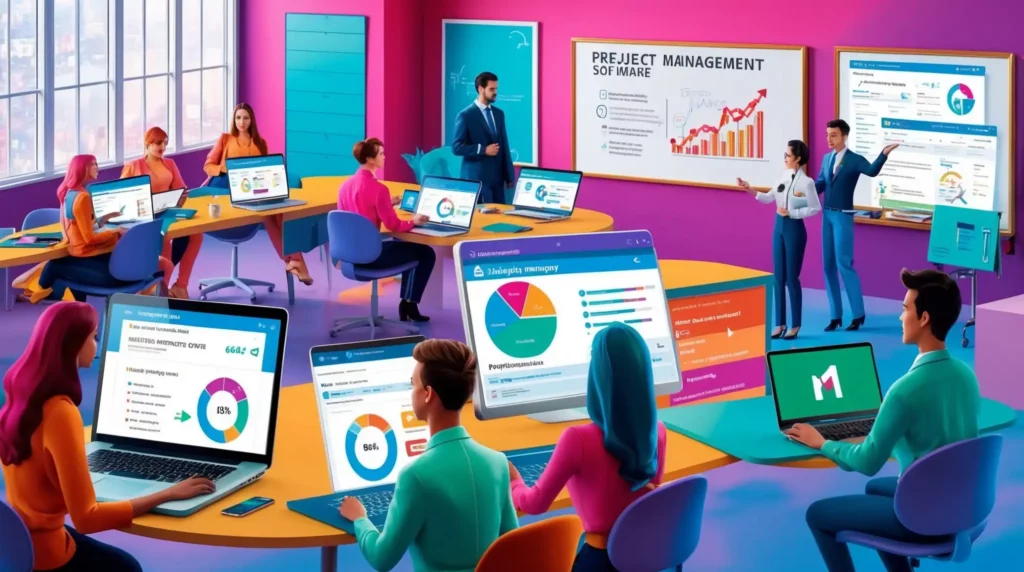 A vibrant office scene with diverse employees working on laptops and tablets displaying charts and graphs. Two individuals stand next to a presentation screen labeled "SaaS Project Management Software," which showcases statistics and progress. The setting exudes productivity.