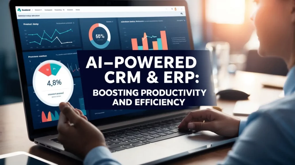 A person uses a laptop displaying data analytics and graphs. The screen shows charts and metrics like "4.8%" and "58%." Text on the image reads, "AI-powered CRM & ERP: Boosting Productivity and Efficiency." In tune with current trends in Artificial Intelligence, the setting appears to be an office.