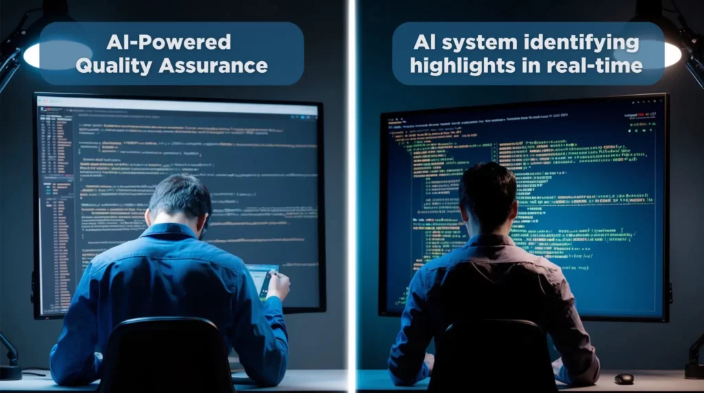 The image is divided into two panels showing two people sitting at computer desks. The left panel is labeled "AI-Powered Quality Assurance," and the right panel is labeled "AI system identifying highlights in real-time." Both screens display lines of code, showcasing AI in software engineering.