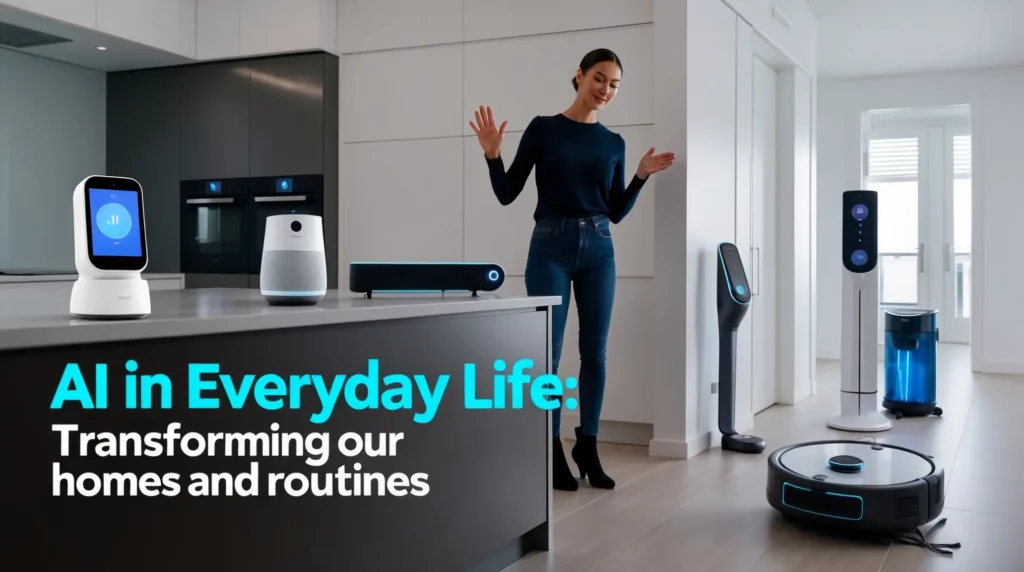 A woman stands in a modern kitchen surrounded by several smart home devices, including a smart speaker, robot vacuum, air purifier, and other AI-powered gadgets. Text overlay reads, "Artificial Intelligence in Everyday Life: Transforming our homes and routines.”