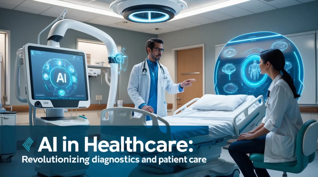 A doctor and a patient in a modern hospital room with advanced AI technology. The doctor is explaining something while the patient sits on the bed. Medical screens display Artificial Intelligence-related graphics. Text overlay reads, "AI in Healthcare: Revolutionizing diagnostics and patient care.