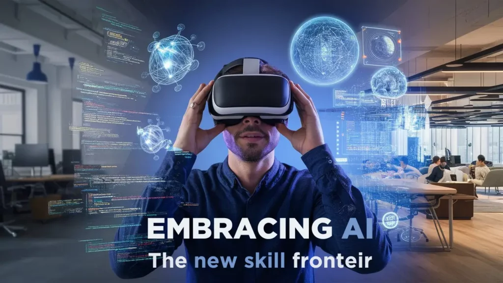 A person wearing a virtual reality headset stands surrounded by digital illustrations of globes, data, and futuristic elements. The text reads, "EMBRACING AI - The new skill frontier in Software Engineering." The background shows a room with people and high-tech equipment.