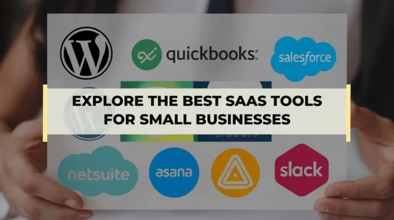 A person holds a sign displaying various SaaS logos. Logos include WordPress, QuickBooks, Salesforce, NetSuite, Asana, Slack and another unidentified logo. Text in the middle of the sign reads, "Explore the Best SaaS Solutions for Your Small Business.