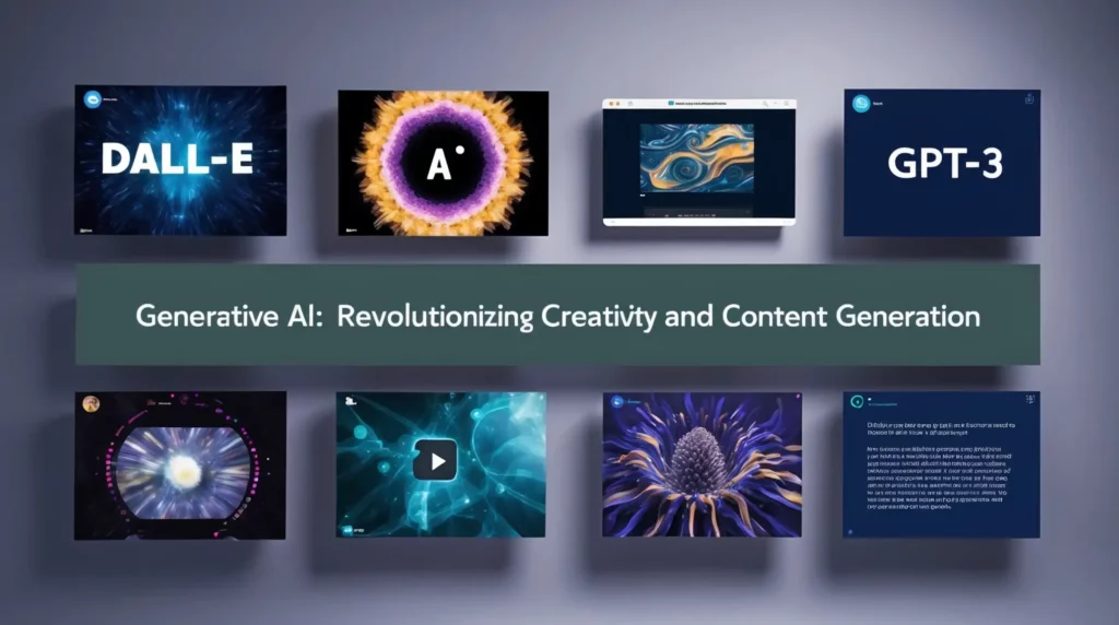 A visually appealing graphic titled "Generative AI: Revolutionizing Creativity and Content Generation" highlights Current Trends in Artificial Intelligence by featuring images and logos of AI models like DALLE-2, GPT-3, and various artistic AI-generated visuals arranged in a grid.