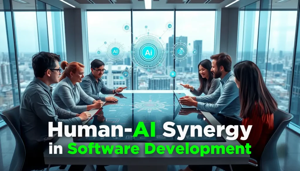 A team of professionals engages in a meeting around a table with a cityscape visible through large windows in the background. The text "Human-AI Synergy in Software Development" is prominently displayed in the foreground, highlighting the role of AI in Software Engineering. AI-related graphics float above the table.