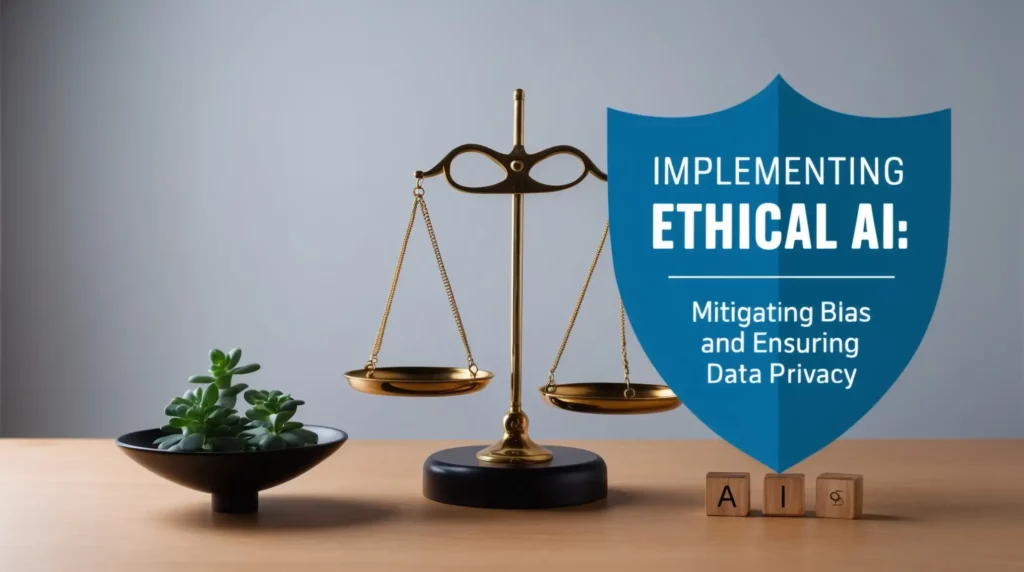 An image depicting the theme "Implementing Ethical AI: Mitigating Bias and Ensuring Data Privacy." A set of balanced scales sits on a desk next to a small plant and letter blocks spelling "AI," with the text presented on a shield icon in the background, reflecting current trends in artificial intelligence.