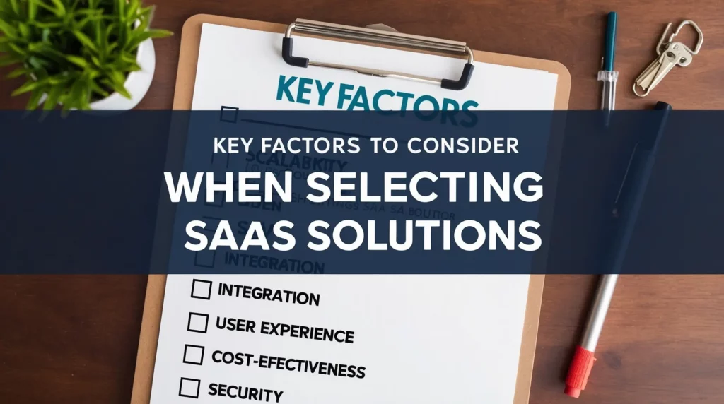 A clipboard on a wooden desk displays a paper titled "Key Factors" with a checklist underneath. The header reads "Key Factors to Consider When Selecting the Best SaaS Solutions for Your Small Business." The checklist includes Integration, User Experience, Cost-Effectiveness, and Security.