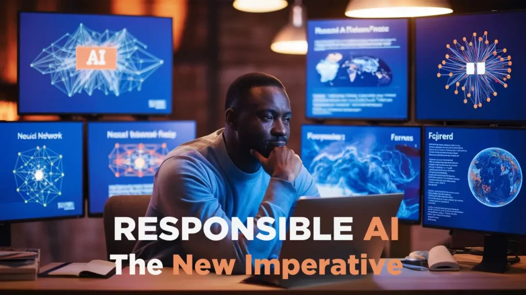 A man sits thoughtfully in front of a laptop, surrounded by multiple screens displaying AI-related graphics and data. The text "RESPONSIBLE AI: The New Imperative" is prominently displayed in bold letters, encapsulating the crucial role of AI in software engineering within the modern tech workspace.