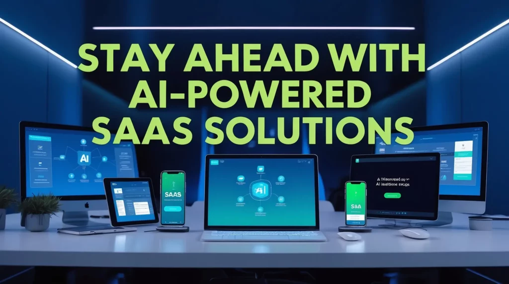 A modern office setup with multiple devices including laptops, tablets, and smartphones displaying AI-powered SaaS solutions on their screens. A text overlay reads, "Best SaaS Solutions for Your Small Business." The background features a sleek blue design. Stay ahead with AI-powered innovation.