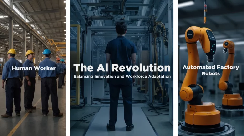 A split image with three panels: the left shows people working in a factory labeled "Human Worker," the middle has a person facing machinery with the text "The AI Revolution: Balancing Innovation and Workforce Adaptation," and the right displays an orange robotic arm labeled "Artificial Intelligence Automated Factory Robots.