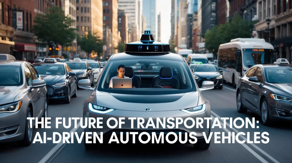 A sleek, self-driving car navigates through a busy urban street, surrounded by other vehicles. A man inside the car works on a laptop. Text overlay reads, "The Future of Transportation: Artificial Intelligence-Driven Autonomous Vehicles." Skyscrapers and city life are visible in the background.