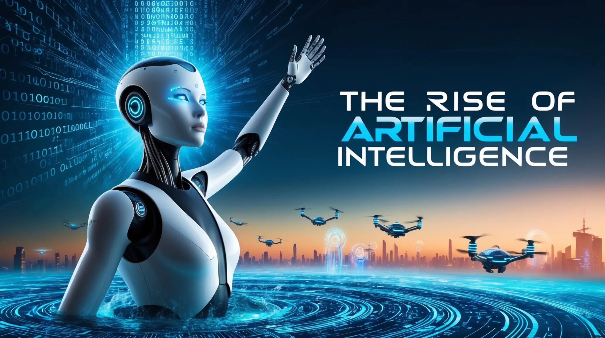 A futuristic humanoid robot stands in water, raising its hand with a digital interface surrounding it. Drones fly in the background over a cityscape at sunset. The text "The Rise of Artificial Intelligence" appears boldly next to the robot, symbolizing the dawn of advanced Artificial Intelligence.