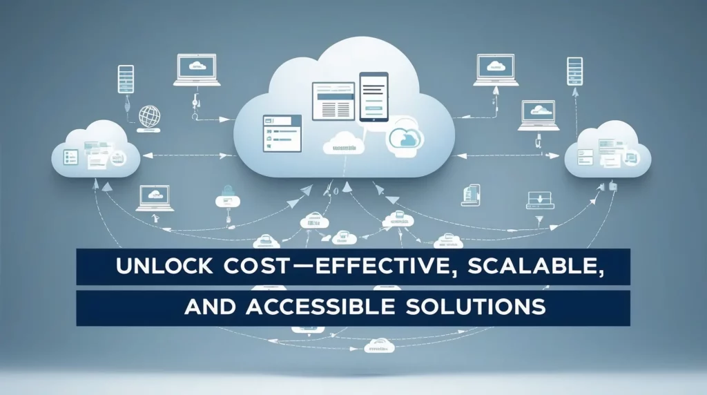 Illustration of a cloud computing network with multiple devices connected to a central cloud. The text "Unlock cost-effective, scalable, and accessible solutions" appears in bold across the image. Devices include laptops, smartphones, and servers, all interconnected—a showcase of the best SaaS solutions for your small business.