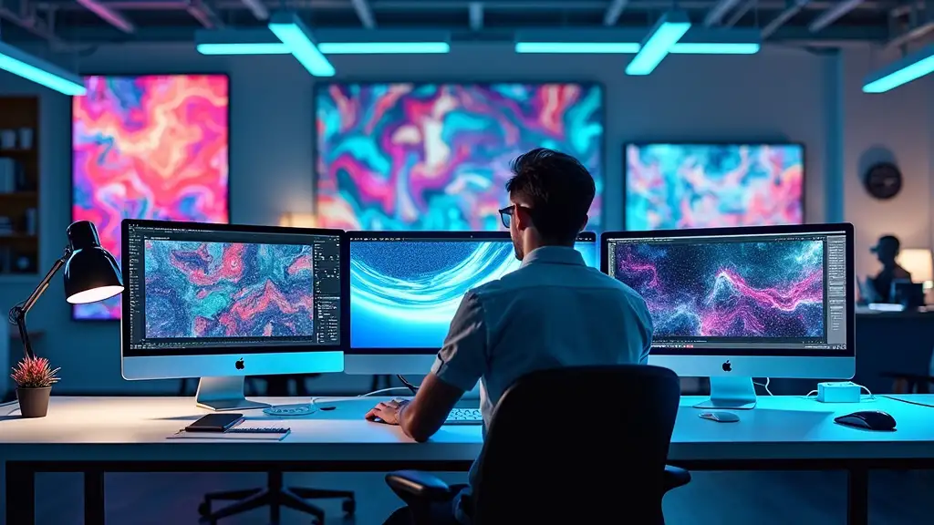 A person sits at a desk with three monitors displaying colorful abstract designs. The dimly lit room has a modern setup with another person working in the background. Blue and pink ambient lighting fills the space, creating a high-tech atmosphere.