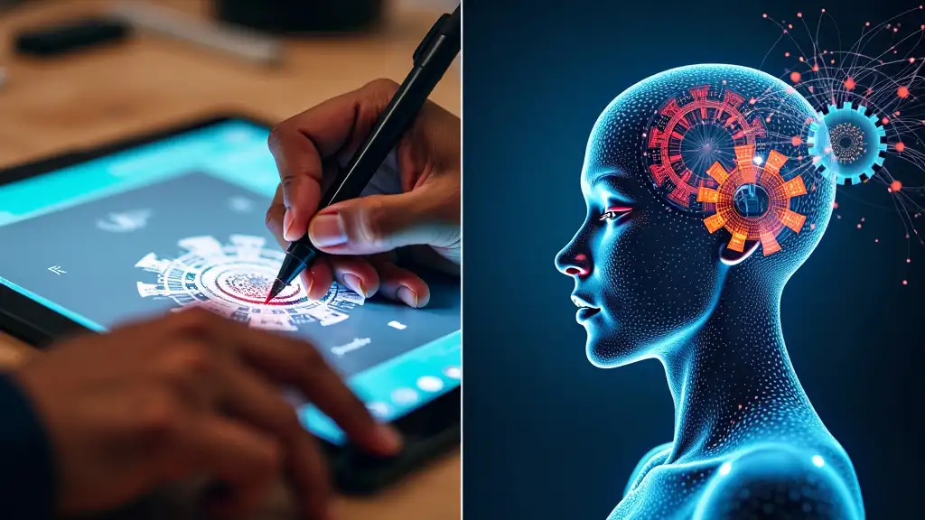 Left: A close-up of a hand holding a stylus, drawing a digital design on a tablet screen. Right: A digital illustration of a human head with exposed brain, represented as interconnected gears and technology circuits, symbolizing artificial intelligence.