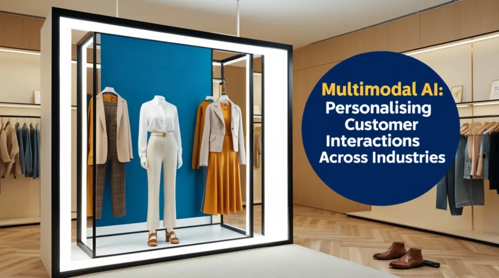 A stylish clothing display in a modern retail store, featuring sophisticated outfit combinations on mannequins. A circle to the right contains text that reads, "Multimodal AI: Personalising Customer Interactions Across Industries." Highlighting current trends in artificial intelligence, shelves with more clothes are in the background.