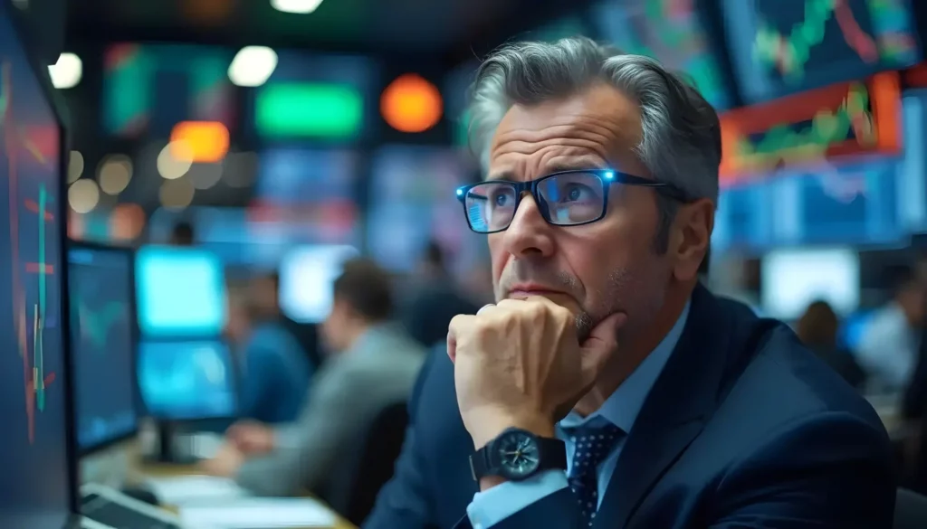 A man with glasses and a suit, sporting grey hair, appears deep in thought while looking at screens displaying financial data powered by AI-Powered SaaS in a bustling office or trading environment. He rests his chin on his hand, and colorful charts and graphs can be seen in the background.