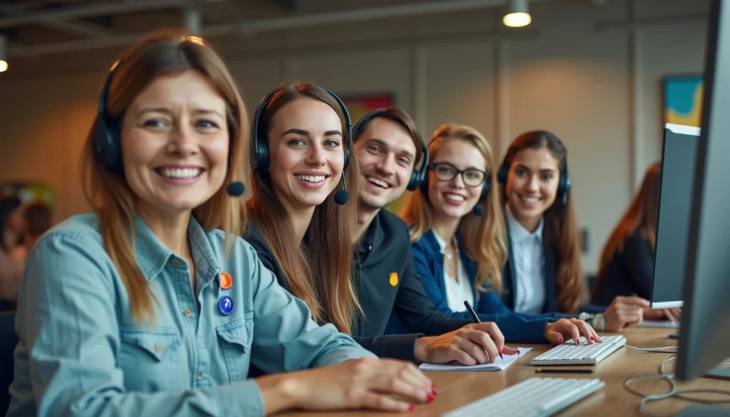 A group of five people, three women and two men, sit in front of computers, all smiling and wearing headsets. They seem to be in a modern office environment, perhaps utilizing AI customer support software as part of their tech-savvy team.