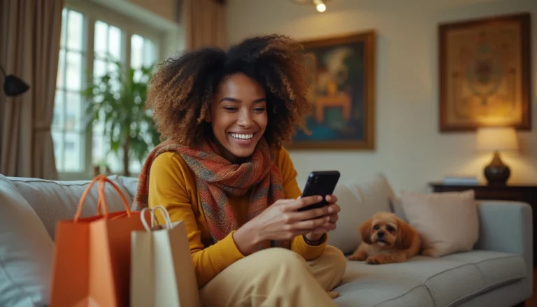 A woman with curly hair, wearing a scarf and mustard sweater, smiles while looking at her phone. She is sitting on a couch in a cozy living room with shopping bags beside her, possibly excited about new purchases made easier by AI customer support software. A small dog lies next to her on the couch. Decor and a lamp are in the background.