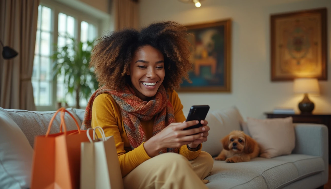 A woman with curly hair, wearing a scarf and mustard sweater, smiles while looking at her phone. She is sitting on a couch in a cozy living room with shopping bags beside her, possibly excited about new purchases made easier by AI customer support software. A small dog lies next to her on the couch. Decor and a lamp are in the background.