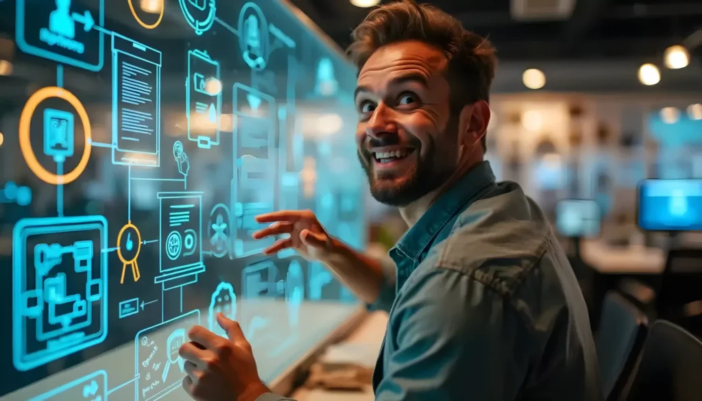 A man stands in front of a large interactive screen, smiling enthusiastically. The screen displays various holographic icons and diagrams in blue. The man, wearing a casual shirt, appears to be engaged with the AI-powered SaaS interface in a modern, well-lit setting.