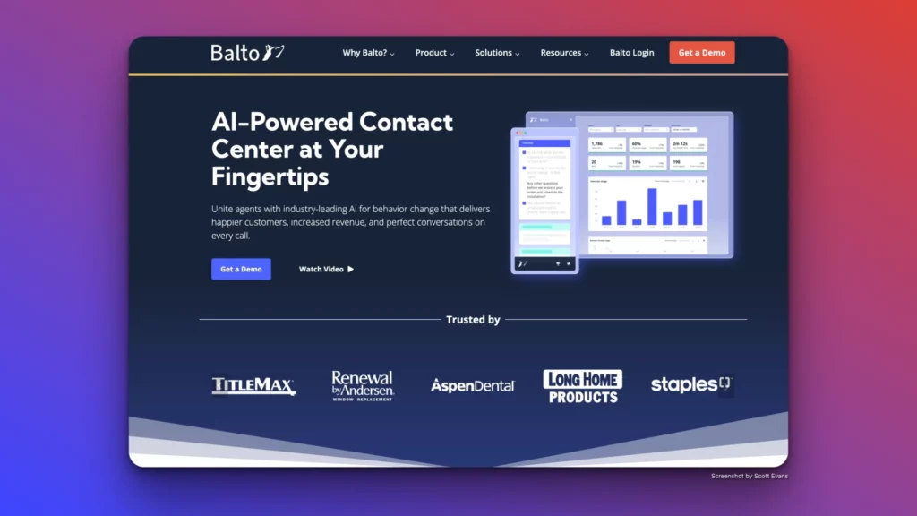 Screenshot of Balto's website homepage with the headline "AI-Powered Contact Center at Your Fingertips." It features a call-to-action button "Get a Demo," a chart graphic, a phone image, and logos of companies like TitleMax, Renewal by Andersen, and Staples that trust their AI customer support software.