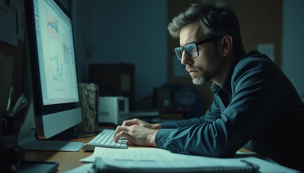 A man wearing glasses works intently on a computer at a desk filled with documents. The screen shows graphs and data from AI customer support software. The ambient lighting is dim, creating a focused atmosphere.