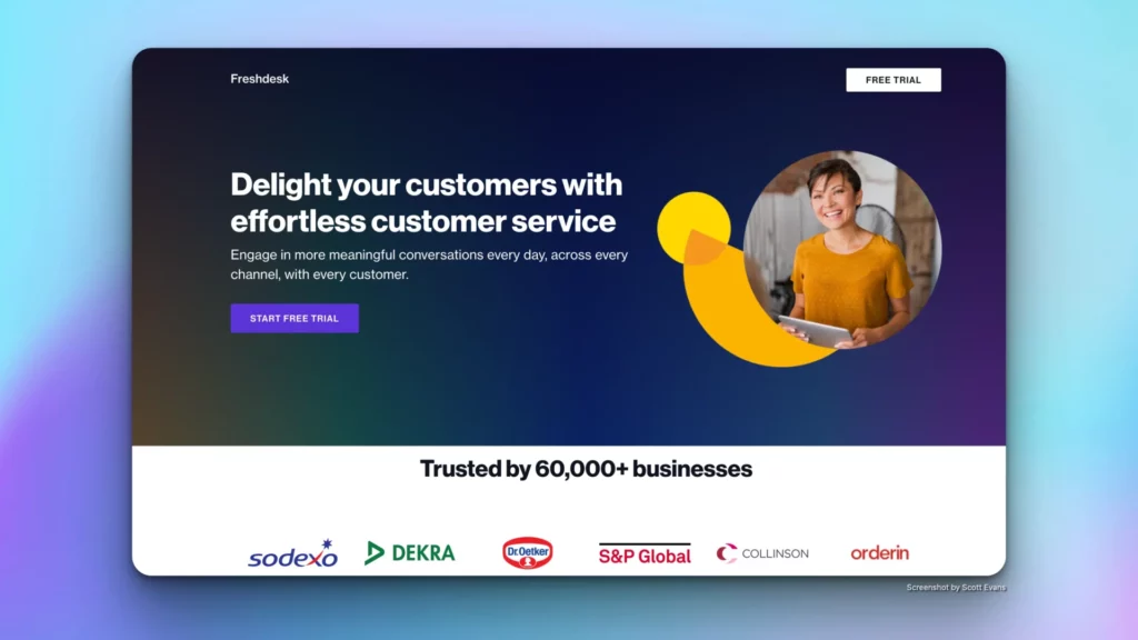 A webpage promoting Freshdesk, an AI customer support software. It features a smiling woman holding a yellow phone receiver and text that reads "Delight your customers with effortless customer service" and "Trusted by 60,000+ businesses." Various company logos are displayed at the bottom.