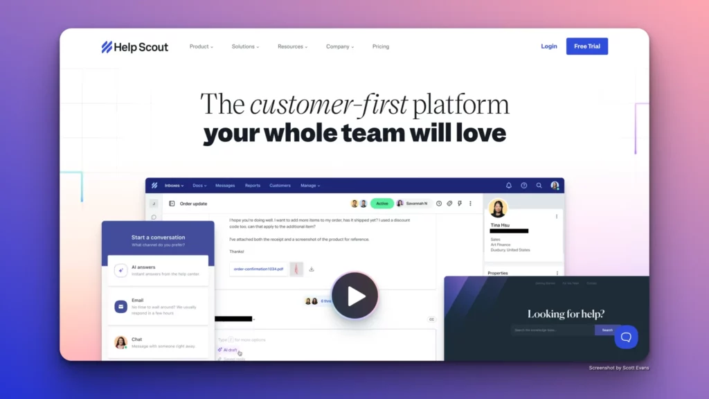 A screenshot of HelpScout's website, showcasing an AI customer support software platform. The image highlights an online interface with chat conversations, user avatars, and a video play button, accompanied by the tagline: "The customer-first platform your whole team will love.