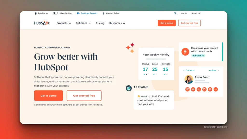 A web page for HubSpot's customer platform features a headline "Grow better with HubSpot." It highlights the benefits of connecting with customers using AI customer support software and offers a free trial. The page also includes user activity stats, an AI chatbot, and a section showcasing a customer review.