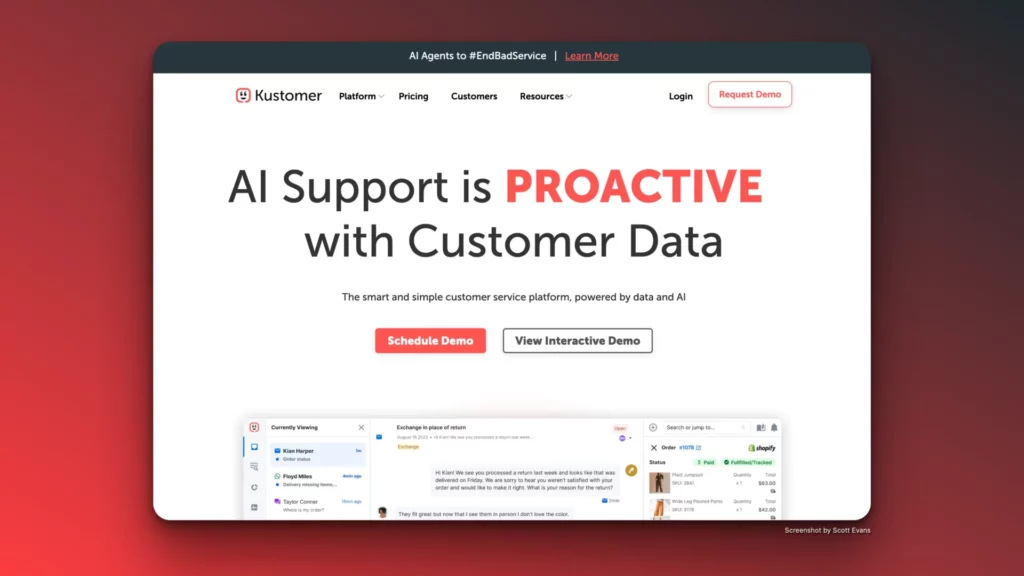 A webpage from Kustomer highlights "AI Support is PROACTIVE with Customer Data" in bold letters. There are options to "Schedule Demo" and "View Interactive Demo." The page features a navigation bar and previews of an AI customer support software interface below the main text.