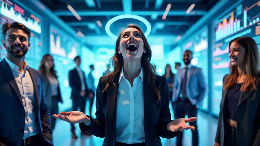 A group of business professionals stands in a high-tech, blue-lit room with large digital screens displaying data and graphs from an AI-powered SaaS for business automation. A woman in the center looks upward, appearing excited and enthusiastic, with others smiling and observing around her.