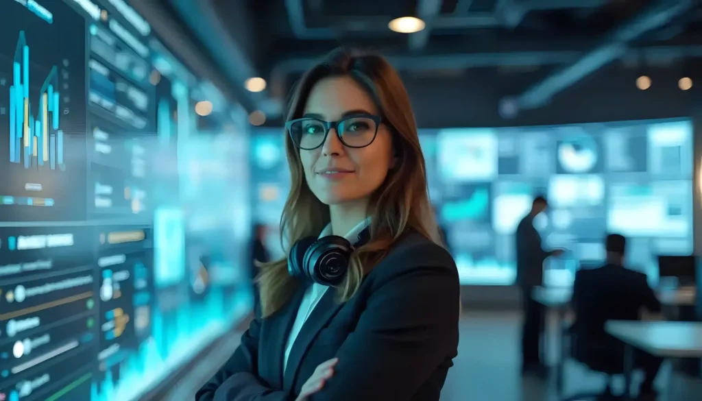 A confident woman in business attire and glasses stands with her arms crossed in a high-tech office. She has headphones around her neck, and multiple digital screens displaying data and graphs highlight the AI-Powered SaaS tools she expertly uses in the background.