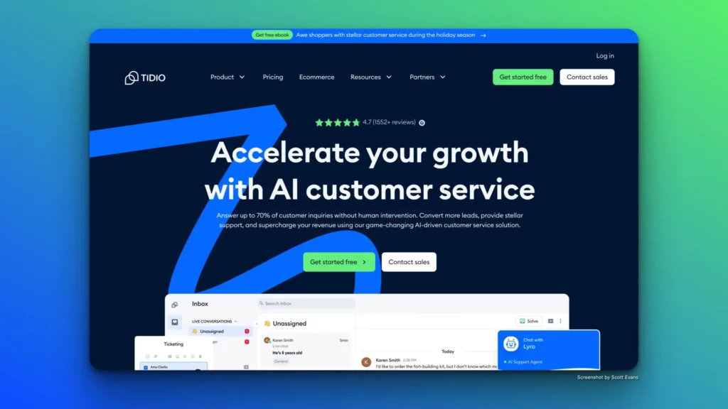 Website landing page for Tidio, an AI customer service platform. The header reads, "Accelerate your growth with AI customer support software." Buttons for "Get started free" and "Contact sales" appear below. The website interface is also shown with chats and messages.