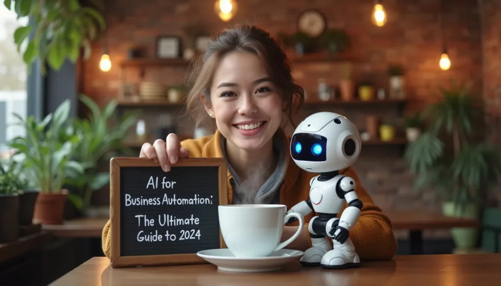 A woman smiles at the camera while holding a chalkboard sign that says, "AI for Business Automation: The Ultimate Guide to 2024." She sits at a table with a small, humanoid robot and a cup of coffee. The background features a modern, well-lit dining area with hanging lights.