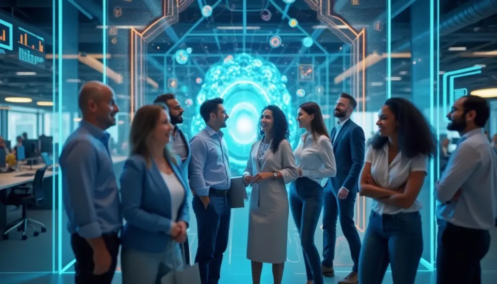 A group of professionals, both men and women, are standing in a modern, tech-savvy office environment, engaged in animated discussion. A futuristic digital interface featuring AI-powered SaaS for business automation with glowing blue elements and a central orb-like structure is visible in the background.