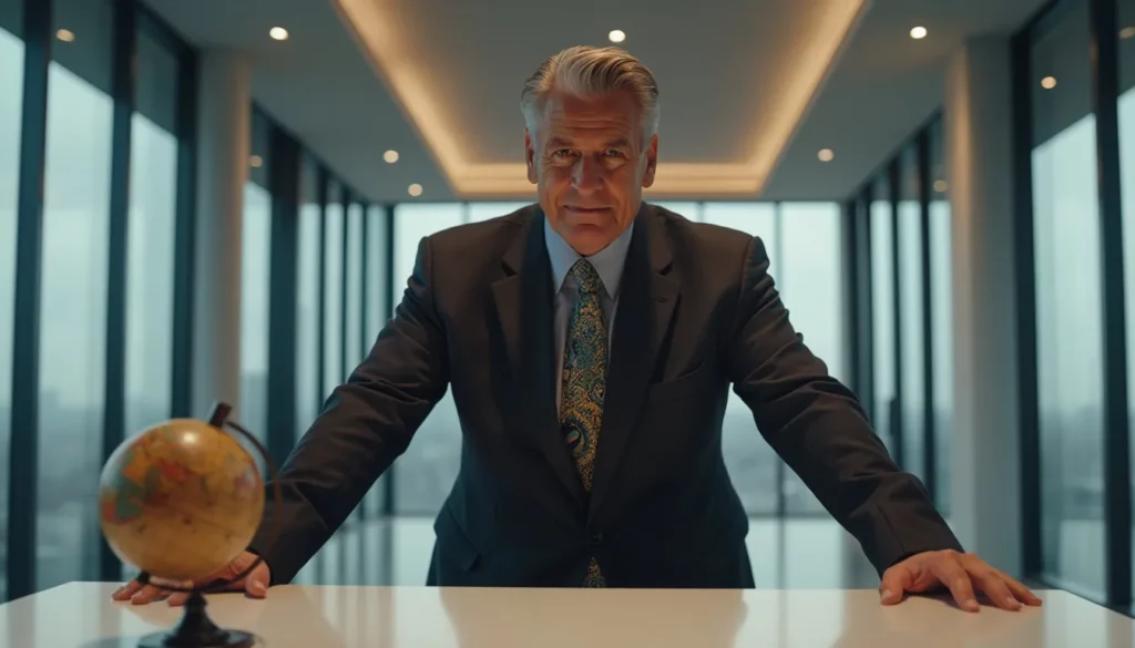 A distinguished older man in a dark suit and patterned tie stands authoritatively behind a modern, white desk with a small globe on it. In his elegant office with floor-to-ceiling windows offering a cityscape view, the dim professional lighting underscores his expertise in AI for Business Automation.