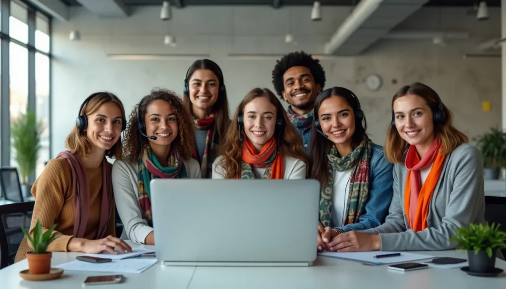 A group of seven smiling customer service representatives, wearing headsets and colorful scarves, are seated around a table with a laptop in a modern office. They are all looking at the camera, suggesting a welcoming and friendly atmosphere where AI for Business Automation enhances efficiency.